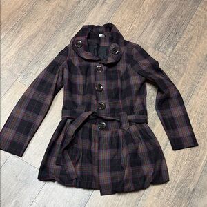 Funky Plaid Women's Plaid Wool Blend Trench Pleated Bottom Pea Coat Large Button